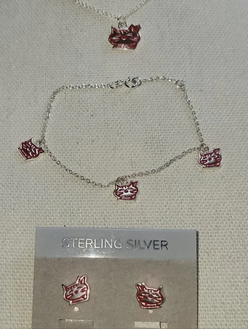 Sterling Cat Jewelry Set , Necklace, Bracelet Earrings